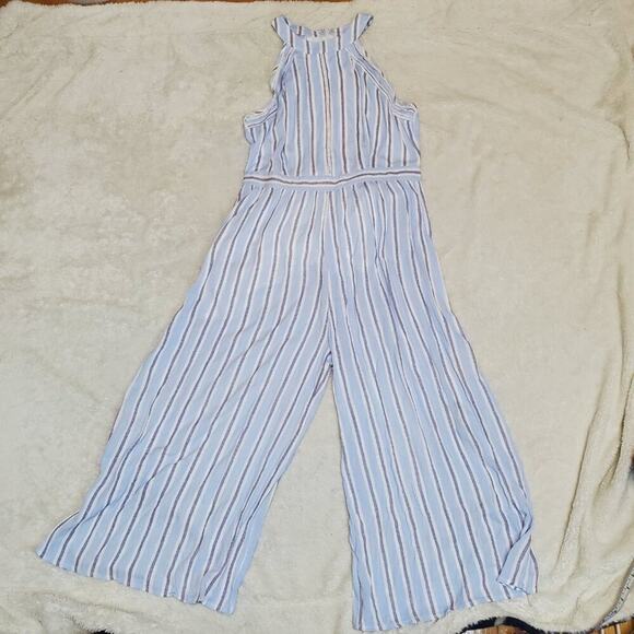 NWT Needlework Blue White Striped Sleeveless Halter Cottage Wide Leg Romper L - Picture 6 of 12